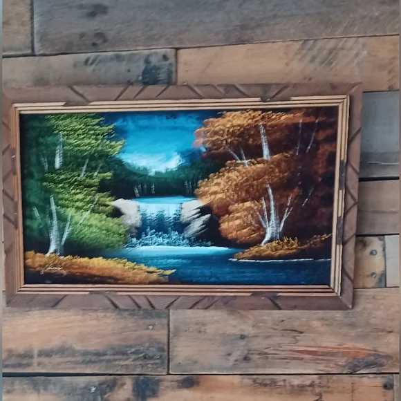 Pair (2) Velvet Landscape Paintings Waterfall Lake Trees Frame MCM Retro EUC
